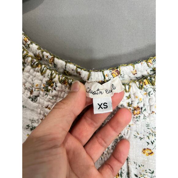 Cousin Earl Beige Yellow Floral Babydoll Peasant Top Sz XS Cottagecore Boho - Picture 8 of 12